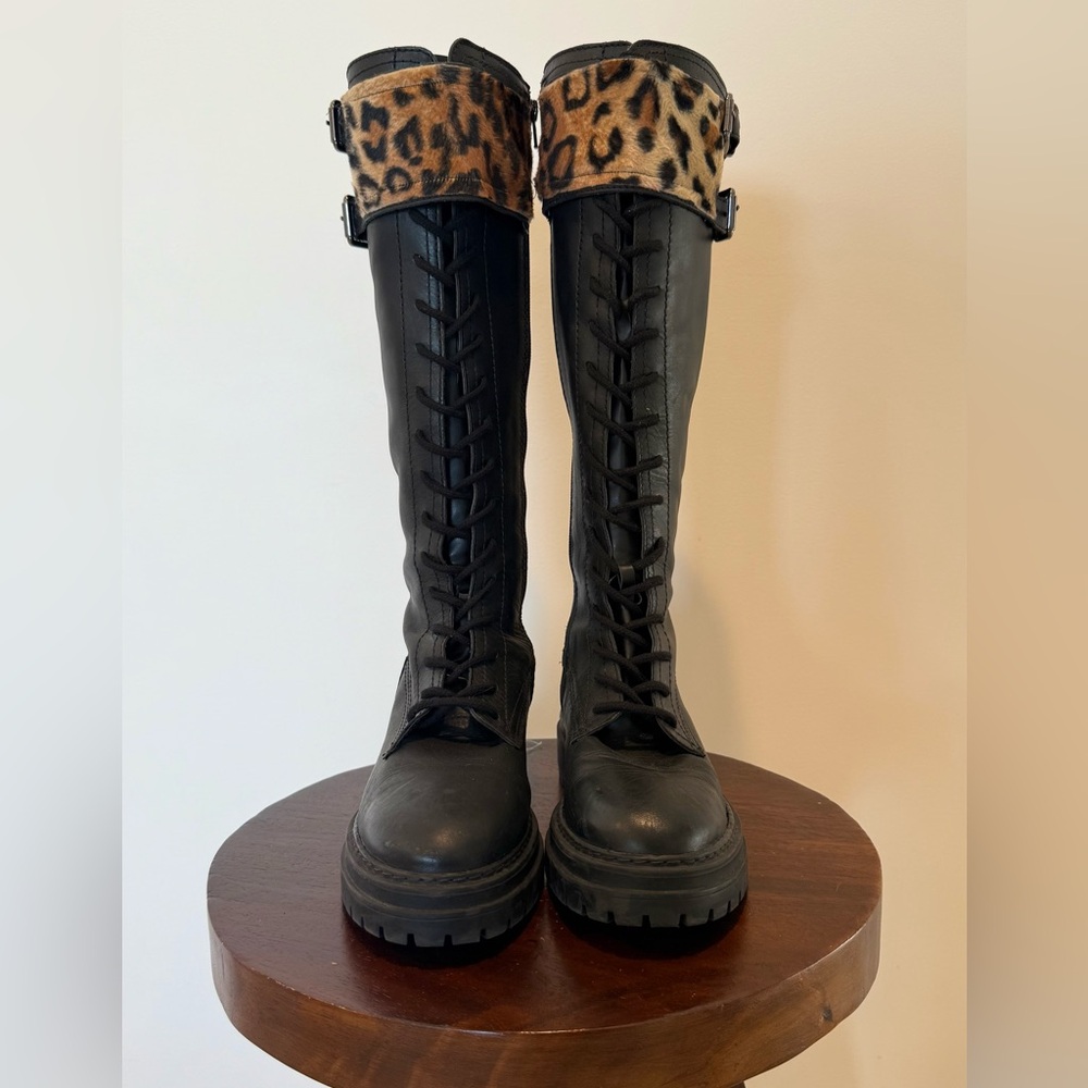 Knee High Steve Madden Black Leather Boots With Hand Sewn Leopard Print Strap